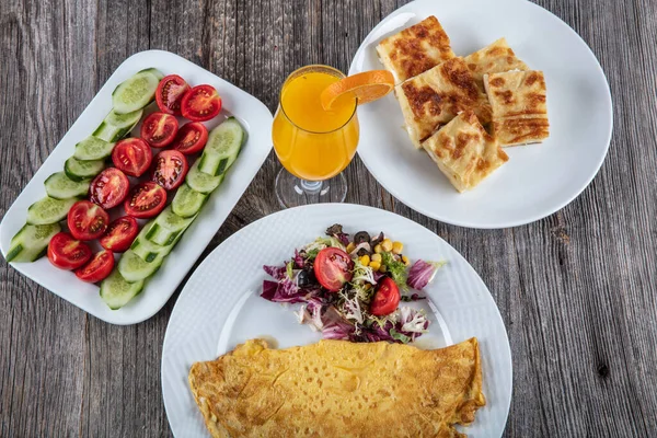 Salad Lasagna Omelet Wooden Background — Stock Photo, Image