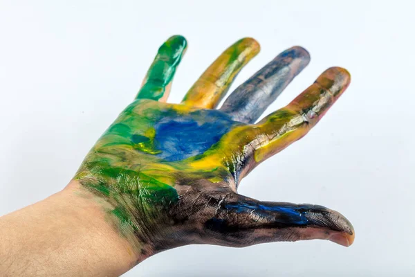 Bliska Widok Ludzkich Rąk Malowanych Kolorowymi Farbami — Zdjęcie stockowe