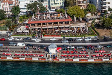 Aerial drone view of the restaurant near road at Istanbul, Turkey