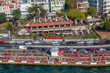 Aerial drone view of the restaurant near road at Istanbul, Turkey