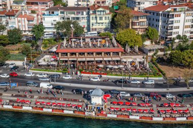 Aerial drone view of the restaurant near road at Istanbul, Turkey