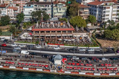 Aerial drone view of the restaurant near road at Istanbul, Turkey