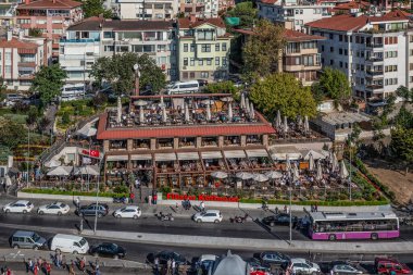 Aerial drone view of the restaurant near road at Istanbul, Turkey