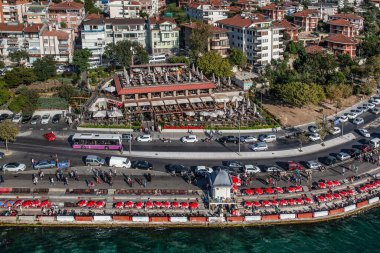 Aerial drone view of the restaurant near road at Istanbul, Turkey