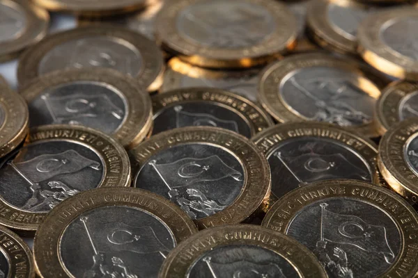 Hromádky Tureckých Mincí Jedna Lira Speciální Verze — Stock fotografie