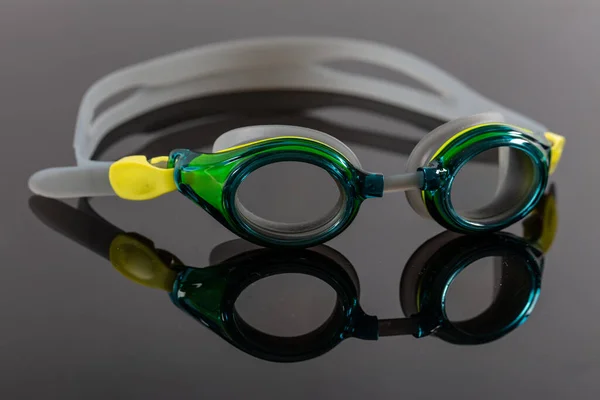 Swimming Goggles Pool Goggles Reflection Black Backdrop — Stock Photo, Image