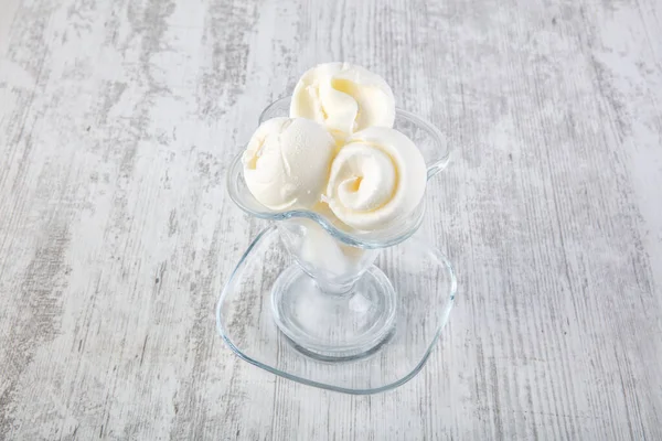 Bowl Vanilla Ice Cream Wooden Background Top View — Stock Photo, Image