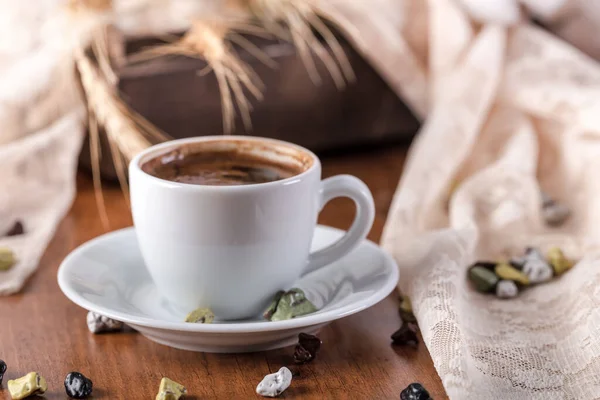 Turkish Coffee Sweet Chocolates Water Table Beautiful Delicious Tasty Traditional — Stock Photo, Image