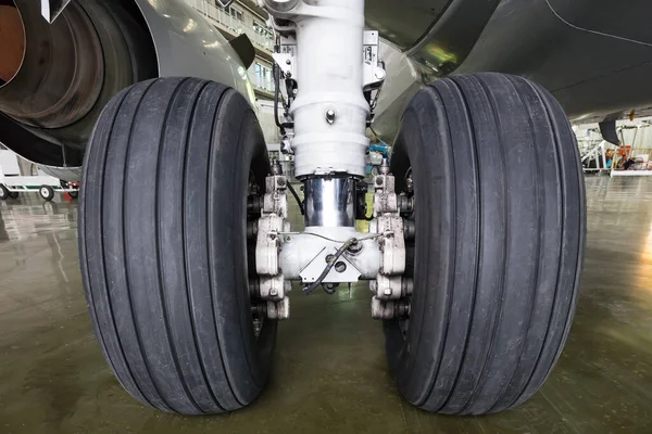 Airplane wheel close-up. Close up of two nose tires on a commercial airplane