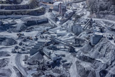 Conveyors in a stone quarry, the mining industry, industrial machinery, construction, environment