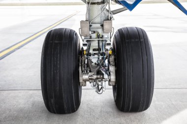 Uçak şasisi ya da iniş takımlarını kapatın. Havaalanına park etmiş bir uçak..