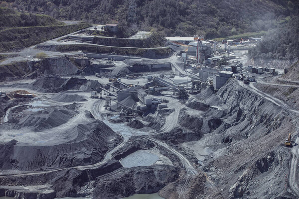 Conveyors in a stone quarry, the mining industry, industrial machinery, construction, environment