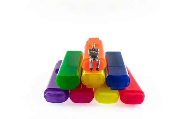 Man Toy Colorful Felt Tip Pens Isolated White Background — Stock Photo, Image