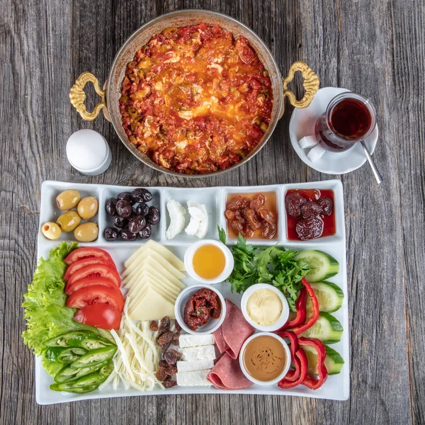 Traditional Turkish Breakfast Platter Grey Wooden Table Top View Healthy — Stock Photo, Image