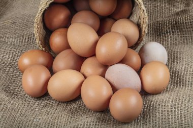 Yumurtalar. Tahta bir arka planda saman sepetinde birkaç taze tavuk yumurtası. Sağlıklı yeme kavramı.