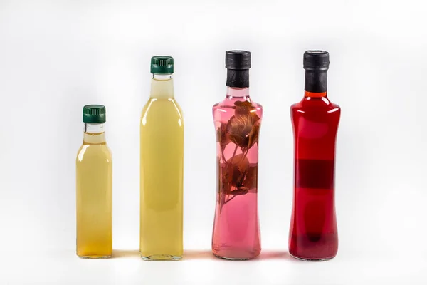 Bottles Different Types Liquid Juice White Background — Fotografia de Stock