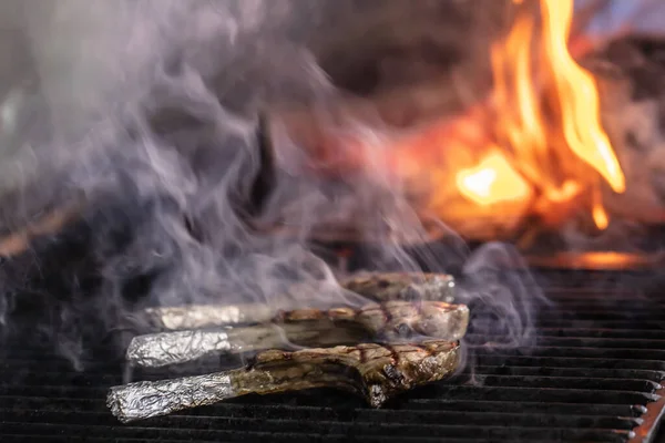 Lamb Chops Bbq Chef Grilling Lamb Ribs Hot Flame Barbecue — Stock Photo, Image
