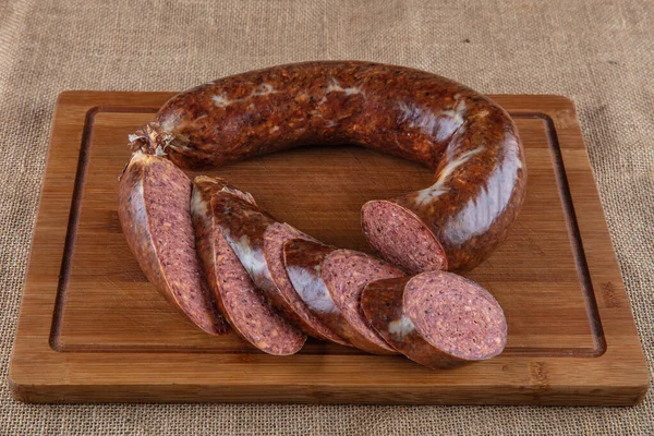 Sausage Turkish Sucuk Concept Photo Turkish Sausage Sucuk Wooden Table — Stock Photo, Image