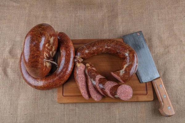 Sausage Turkish Sucuk Concept Photo Turkish Sausage Sucuk Wooden Table — Stock Photo, Image