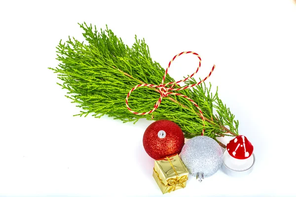 Beautiful Christmas Decorations Tree Branch White Background New Year Merry — Foto Stock