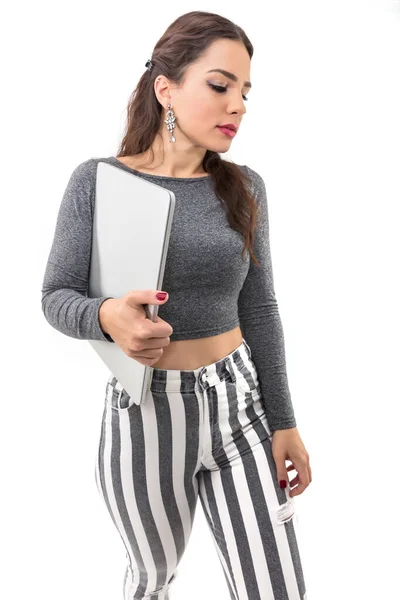 Young Woman Tablet White Background — Fotografie, imagine de stoc