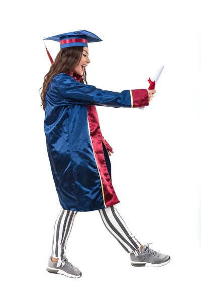 Happy Woman Graduate Student Wearing Graduation Hat Gown Isolated White — Zdjęcie stockowe