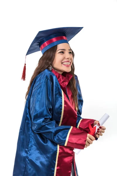 Happy Woman Graduate Student Wearing Graduation Hat Gown Isolated White — Stock Fotó