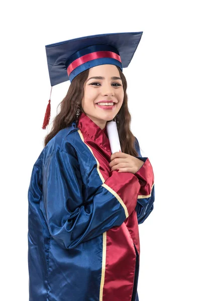 Happy Woman Graduate Student Wearing Graduation Hat Gown Isolated White — Fotografia de Stock