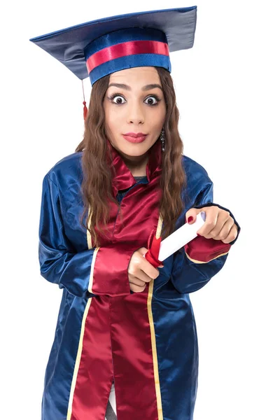 Happy Woman Graduate Student Wearing Graduation Hat Gown Isolated White — Foto Stock