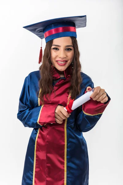 Happy Woman Graduate Student Wearing Graduation Hat Gown Isolated White — Stock Fotó