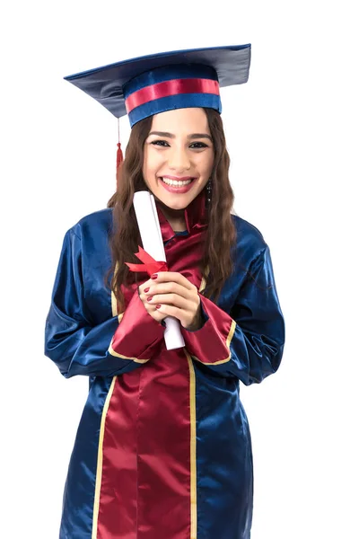 Happy Woman Graduate Student Wearing Graduation Hat Gown Isolated White — Foto Stock