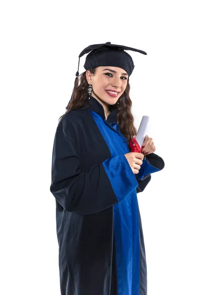 Woman Graduate Student Wearing Graduation Hat Gown Isolated White Background — Fotografia de Stock