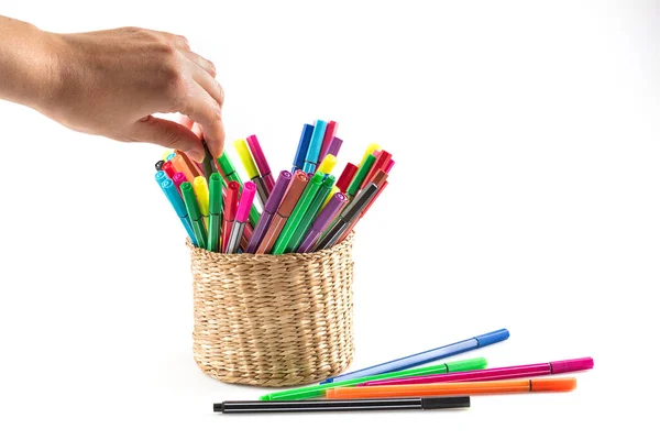Close View Basket Colorful Pens — стоковое фото