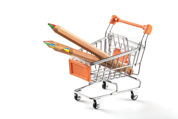 Shopping Cart Pencils White Background — Stock fotografie