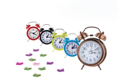 colorful dices with clocks isolated on white background