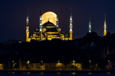 Istanbul, Turkey-October 27, 2019: view of The Blue Mosque at night with a full moon