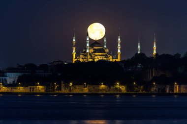 Istanbul, Turkey-October 27, 2019: view of The Blue Mosque at night with a full moon