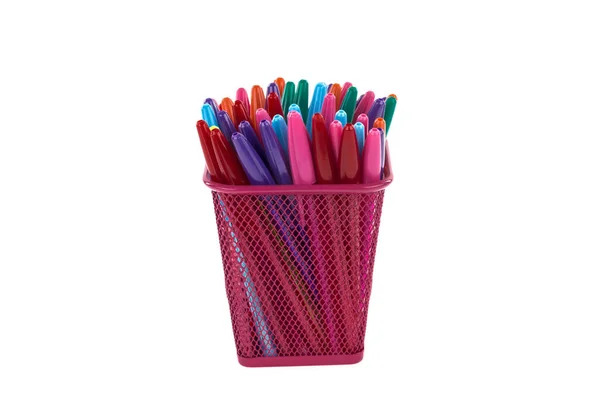 Colorful Pens Bins White Background — Φωτογραφία Αρχείου