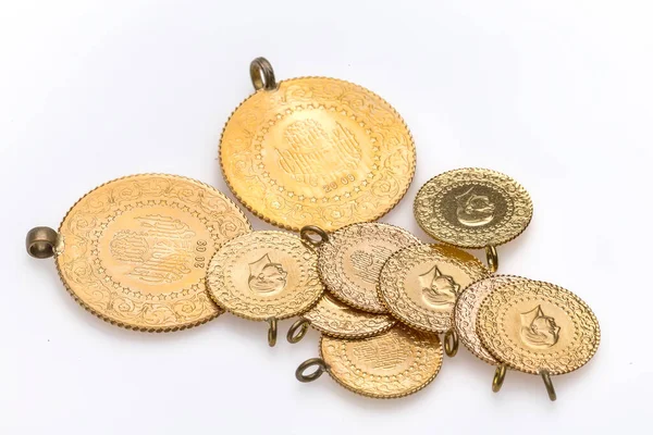 Turkse Gouden Munt Ketting Close Half Turks Goud Lira Witte — Stockfoto