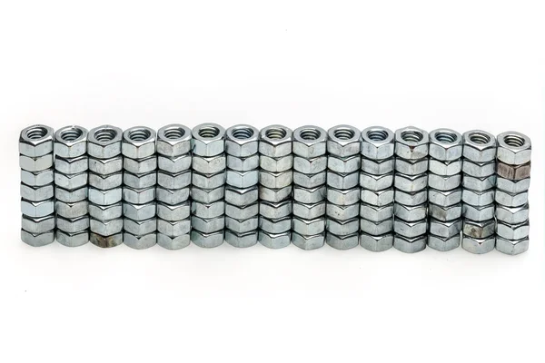 Close View Screw Nuts Row White Background — Stok fotoğraf