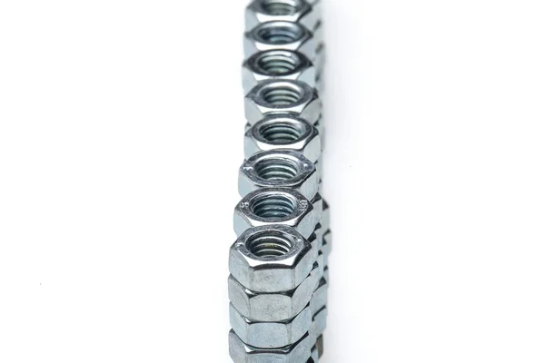 Close View Screw Nuts Row White Background — Stok fotoğraf