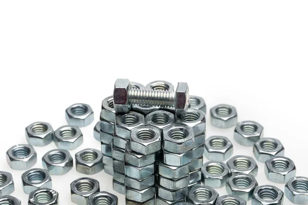 Heap Silver Screw Nuts Isolated White Background — 스톡 사진