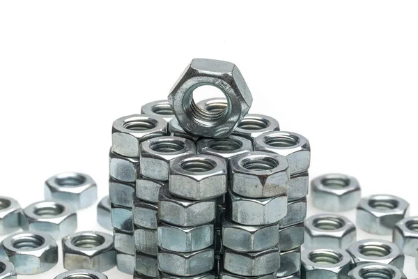 Heap Silver Screw Nuts Isolated White Background — Foto de Stock