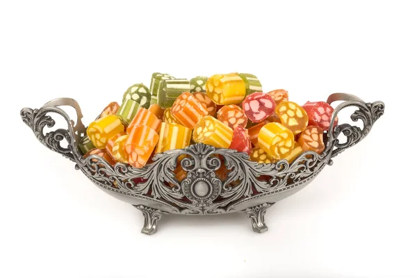 Colorful Candies Glass Bowl Isolated White Background — 스톡 사진