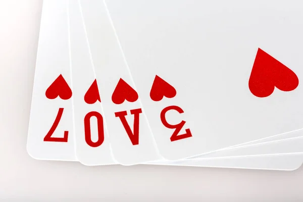 Playing Cards Isolated White Background Ace Seven Three Queen Hearts — Photo