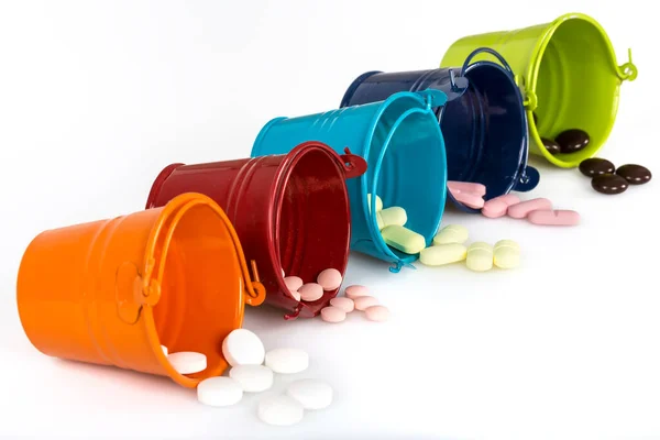 Pills Capsules Small Buckets Light Background — Stockfoto