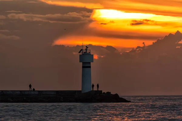 Lighthouse Sunset Sea Background — Stockfoto