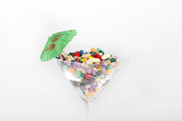 Colorful Pills Glass Jar White Background — Stockfoto