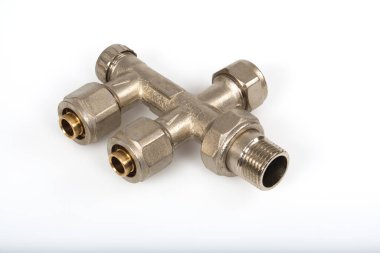 closeup of plumbing part isolated on white background, valve, and sanitary tool