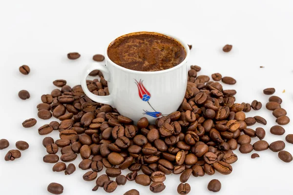 Coffee Beans Cup Hot Drink White Background — Φωτογραφία Αρχείου